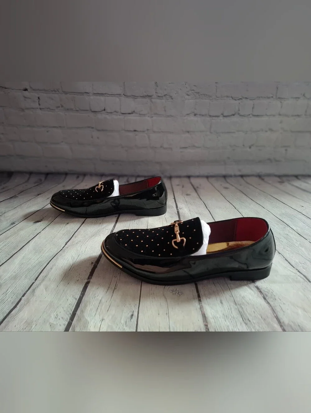 NIB FLQL Black Velvet & Patent Leather Loafers Shoes - Size 10 (44)